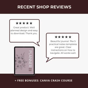 May include: Image showcasing recent shop reviews with five-star ratings. A digital planner is displayed, featuring floral artwork and the years 2026-2027. The reviews highlight the product's design, ease of use, and the quality of the journal.