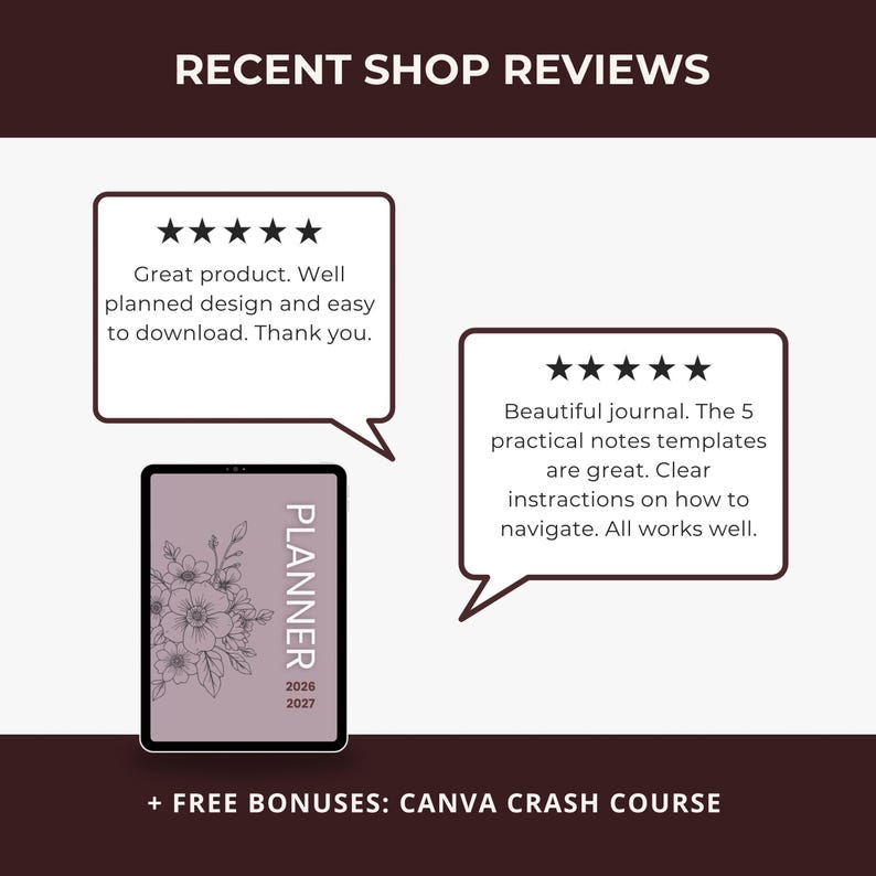 May include: Image showcasing recent shop reviews with five-star ratings. A digital planner is displayed, featuring floral artwork and the years 2026-2027. The reviews highlight the product's design, ease of use, and the quality of the journal.