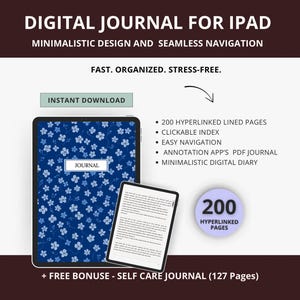 Digital Journal for iPad | 200 Lined Pages Hyperlinked Diary | PDF Notebook | Instant Download