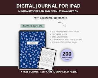 Digital Journal for iPad | 200 Lined Pages Hyperlinked Diary | PDF Notebook | Instant Download