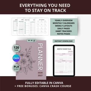 May include: A digital planner with a floral design on a mauve cover, labeled "PLANNER 2026-2027". Includes yearly, monthly, and weekly layouts, daily pages, habit trackers, and notes pages. The text "EVERYTHING YOU NEED TO STAY ON TRACK" is at the top.