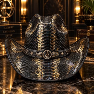 Op de afbeelding: Een cowboyhoed met een zwart en goudkleurig slangenleerpatroon. De hoed is voorzien van een donkere band versierd met metalen studs en een centraal rond embleem met een afbeelding van een kronkelende slang op een donker oppervlak.