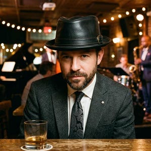 Peut inclure: Une personne avec une barbe portant un fedora en cuir noir, un blazer texturé gris foncé, une chemise blanche à col et une cravate noire à motifs, assise à une table en bois avec un verre de liquide ambré dans un club de jazz.