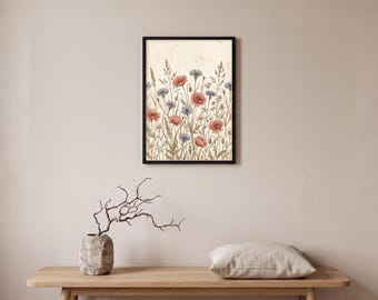 Wildflower Wall Art Print, Vintage Botanical Illustration, Poppy and Cornflower Meadow, Cottagecore Decor, Printable Digital Download