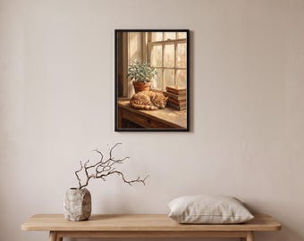 Cat Wall Art Print, Ginger Cat on Windowsill Painting, Vintage Oil Painting Cat Print, Cozy Cat Lover Gift, Printable Digital Download