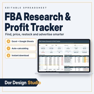 May include: An editable spreadsheet titled FBA Research & Profit Tracker for Excel and Google Sheets. The interface displays auto-calculating financial data, including net sales, profit, margins, and reorder alerts for various products.