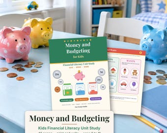 May include: A Money and Budgeting for Kids financial literacy unit study workbook with a green and white cover, featuring illustrations of piggy banks and jars, displayed alongside three ceramic piggy banks in pink, yellow, and blue.