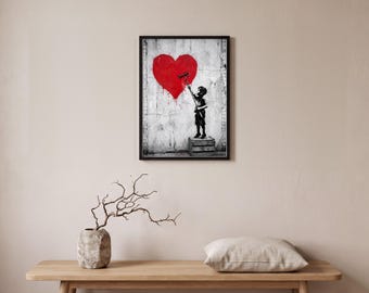 Street Art Wall Art, Boy Painting Red Heart Graffiti Print, Stencil Spray Paint Art, Urban Love Poster, Printable Digital Download