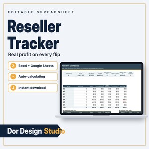 May include: An editable Reseller Tracker spreadsheet for Excel and Google Sheets. The digital interface displays a dashboard with columns for items sold, sales, net profit, ROI, days to sell, unsold items, money tied up, and stale listings.