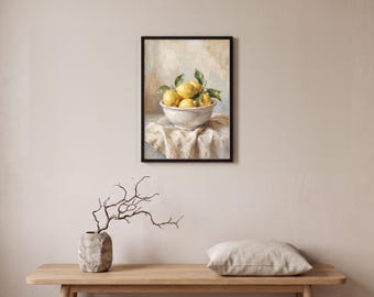 Lemon Wall Art Print, Vintage Still Life Painting, Kitchen Wall Art, Lemons Oil Painting, Mediterranean Decor, Printable Digital Download