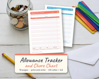 May include: Two printed chore chart sheets with a coral header labeled Weekly Chore Chart, a glass jar filled with coins, a yellow pencil, a white envelope, and several colorful wooden craft sticks arranged on a white wooden surface.