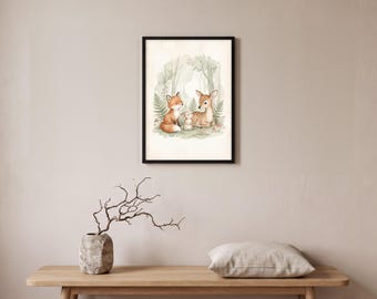 Woodland Nursery Wall Art, Baby Fox Bunny and Fawn Watercolor Print, Neutral Nursery Decor, Baby Animal Print, Printable Download