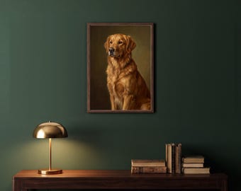 Golden Retriever Wall Art, Vintage Dog Portrait Painting, Dog Oil Painting Print, Dog Lover Gift, Moody Printable Digital Download