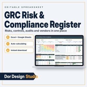 Puede incluir: Una hoja de cálculo editable GRC Risk & Compliance Register para Excel y Google Sheets. La interfaz digital muestra un panel con mapas de calor de riesgos, marcos de cumplimiento y tablas de auditoría. Texto incluye Dor Design Studio.