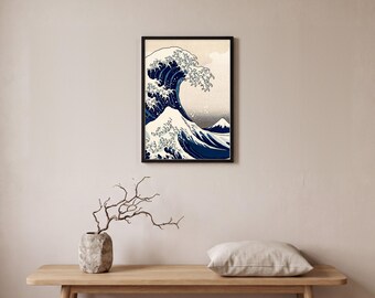 Japanese Wave Wall Art, Woodblock Style Ocean Wave Print, Indigo Blue Japanese Art, Ukiyo-e Style Poster, Printable Digital Download