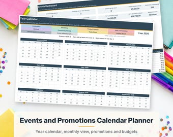 May include: A printed 2026 year calendar and events dashboard spreadsheet featuring monthly grids, event category color coding, and budget tracking sections. The document includes headers for January through September 2026 and various data tables for event planning.
