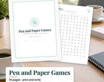 Pen and Paper Games Printable, Dots and Boxes, Tic Tac Toe, Battleship Game, Hangman, Travel Games for Kids, Restaurant Activity