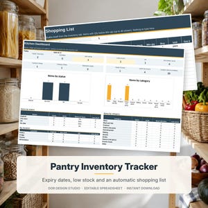 May include: A digital pantry inventory tracker spreadsheet displayed on a screen. The dashboard features a kitchen overview, item status charts, and a shopping list tab with columns for stock levels, minimum quantities, and unit types.