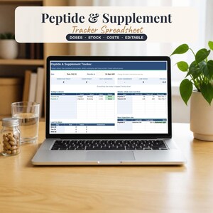 May include: A laptop displaying a digital Peptide & Supplement Tracker spreadsheet with columns for doses, stock, costs, and editable fields. The screen shows sections for today's doses, stock levels, and injection sites with text headers.