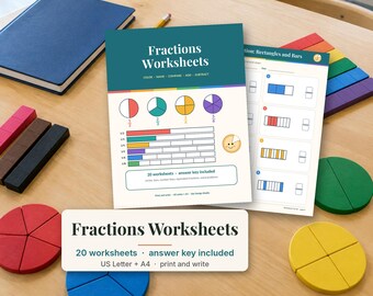 May include: A set of educational fractions worksheets featuring colorful diagrams of circles and bars. The cover page displays the text Fractions Worksheets, 20 worksheets, answer key included, US Letter + A4, print and write, and math exercises.