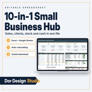 May include: An editable spreadsheet titled 10-in-1 Small Business Hub, featuring a laptop screen displaying financial data, sales, clients, stock, and cash tracking. Includes text labels for Excel, Google Sheets, and Dor Design Studio.