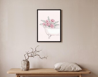 Bathroom Wall Art Print, Vintage Clawfoot Bathtub with Peonies, Blush Pink Watercolor, Bathroom Decor, Printable Digital Download