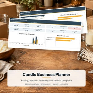 May include: A digital Candle Business Planner spreadsheet featuring a Candle Business Dashboard with revenue, profit, and inventory metrics, alongside a Candle Calculator, displayed on a white interface with dark blue headers and orange accents.