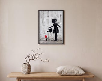 Street Art Wall Art, Girl Watering Red Flower Graffiti Print, Stencil Spray Paint Art, Hope Urban Poster, Printable Digital Download