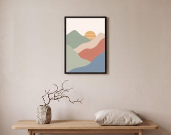 Mid Century Mountain Wall Art, Minimalist Landscape Print, Sage and Terracotta Mountains, Modern Boho Decor, Printable Digital Download