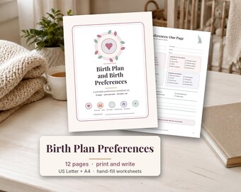 May include: A 12-page printable birth plan and birth preferences worksheet set featuring a cover page with a heart icon, leaf border, and the text Birth Plan and Birth Preferences, plus a secondary page with checkboxes for labor preferences.