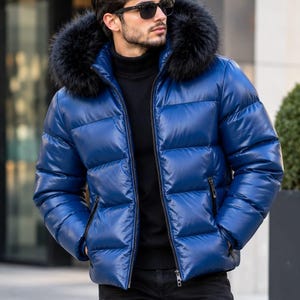 Blauwe python pufferjas met imitatiebont, luxe gewatteerde winterjas, modieuze streetwear