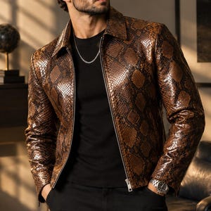 Men's Brown Python Embossed Leather Puffer Jacket, Quilted Reptile Print Winter Coat