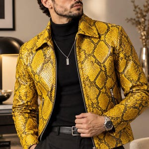 Men's Yellow Python Embossed Leather Jacket, Snakeskin Biker Outerwear