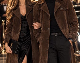 Klasyczny brązowy zamszowy płaszcz typu trench, długi skórzany płaszcz w stylu retro z lat 70.