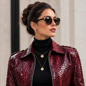 Women’s Burgundy Python Print Cropped Leather Jacket , Leren Jas