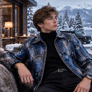 Chaqueta de piel de pitón azul, chaqueta de motociclista de lujo con estampado de piel de serpiente para hombre.