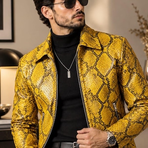 Men's Yellow Python Embossed Leather Jacket, Snakeskin Biker Outerwear