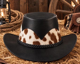 Czarny kapelusz w stylu western z krowiej skóry, kapelusz rodeo, strój na koncert country, nakrycie głowy na festiwal