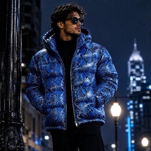 Op de afbeelding: Een gewatteerde jas met capuchon en een levendig blauw en zwart slangenpatroon. De jas heeft een ritssluiting over de gehele lengte, lange mouwen en een doorgestikte textuur. Het wordt gedragen over een zwart kledingstuk met hoge kraag en zonnebril.
