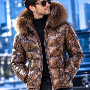 Men's Brown Python Puffer Jacket, Quilted Faux Fur Hooded Winter Coat