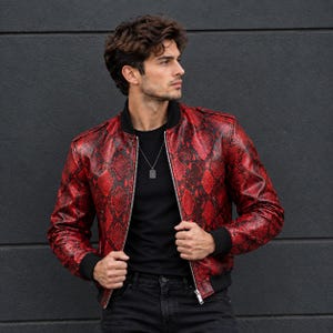 Red Python Leather Bomber Jacket, Men’s Exotic Snake Skin Jacket