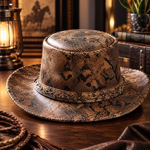 Cowhide Pattern Genuine Leather Western Cowboy Hat with Snakeskin Hatband, Rodeo, Country, Rustic