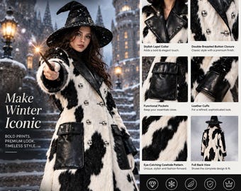 May include: A long, double-breasted coat featuring a black and white cowhide pattern, a black lapel collar, leather cuffs, and functional pockets. The coat is displayed with a matching witch hat, showcasing details like silver buttons and a full back view.