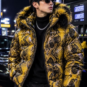 Men's Yellow Python Puffer Jacket, Quilted Winter Coat with Faux Fur Hood
