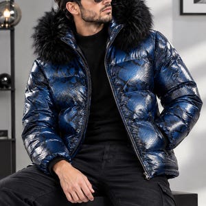 Blauwe python pufferjas met imitatiebont, luxe gewatteerde winterjas, modieuze streetwear