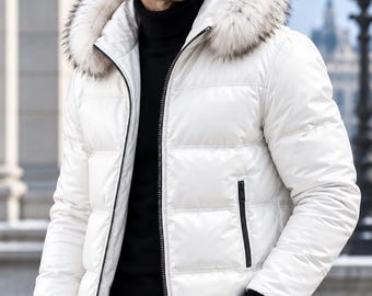 May include: A white puffer jacket featuring a hood with a thick faux fur trim, a black front zipper, and black ribbed cuffs. The jacket has horizontal quilted stitching and two side pockets with black zippers, worn over a black turtleneck sweater.