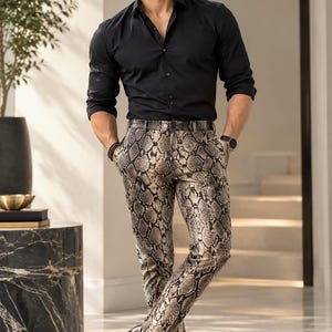 Men’s Snakeskin Print Trousers – Slim Fit Beige Black Pattern Pants
