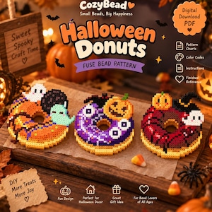 May include: Three fuse bead patterns shaped like Halloween donuts. The left donut is orange with a ghost, the middle is purple with a pumpkin and eyes, and the right is red with a pumpkin and witch hat. Text includes CozyBead Halloween Donuts.