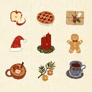 May include: A collection of nine pixel art icons featuring a sliced apple, a lattice-top pie, a wrapped gift, a red Santa hat, three red candles on a wreath, a gingerbread person, a mug with a cinnamon stick, a pine branch with oranges, and a teacup.