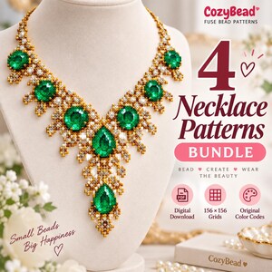 May include: A beaded necklace featuring emerald green circular and pear-shaped stones surrounded by gold and white beads. The text reads CozyBead, 4 Necklace Patterns BUNDLE, BEAD CREATE WEAR THE BEAUTY, Digital Download, 156 x 156 Grids, Original Color Codes, Small Beads Big Happiness.